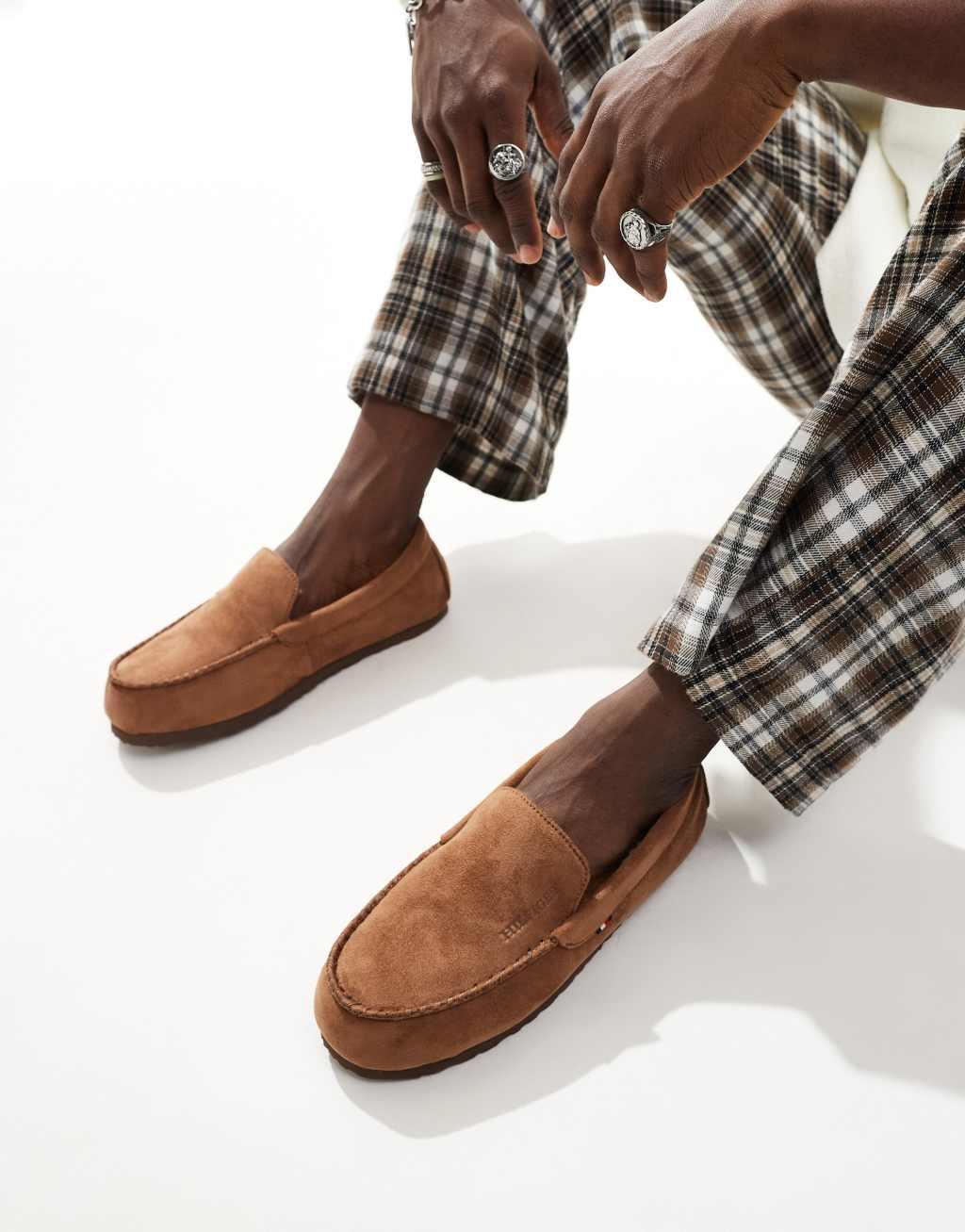 Tommy Hilfiger moccasin suede slippers in brown Product Image