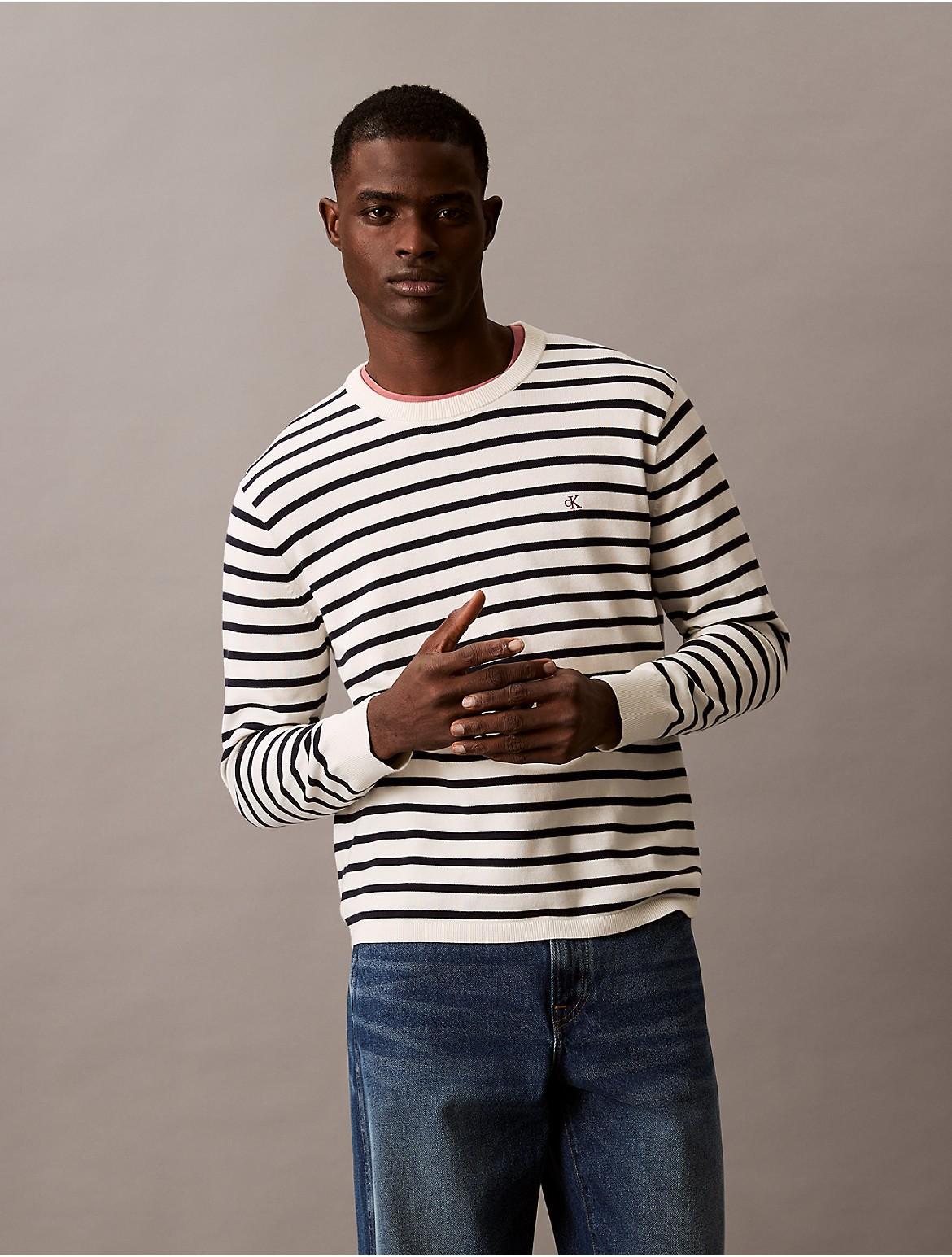 Calvin Klein Men's Smooth Cotton Striped Classic Sweater - White - XL Product Image