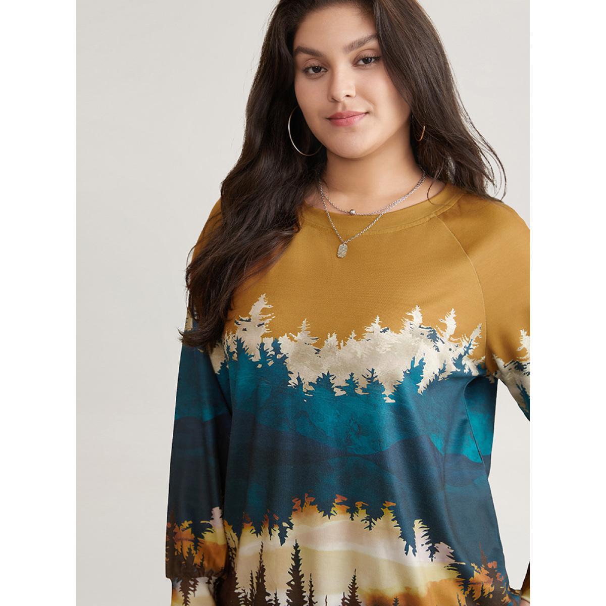 Plus Size Forest Ombre Crew Neck Raglan Sleeve Sweatshirt Women Bronze Casual Printed Round Neck Dailywear Sweatshirts BloomChic 22-24/3X Product Image