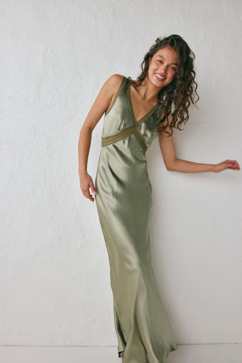 Meet Me On The Dance Floor Bias Cut Maxi Dress Olive Product Image