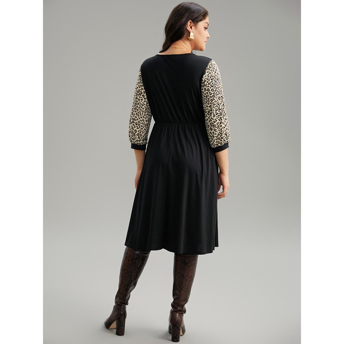 Plus Size Leopard Patchwork Pocket Elastic Waist Dress Black Women Casual Printed Round Neck Elbow-length sleeve Curvy Midi Dress BloomChic 28/5X Product Image