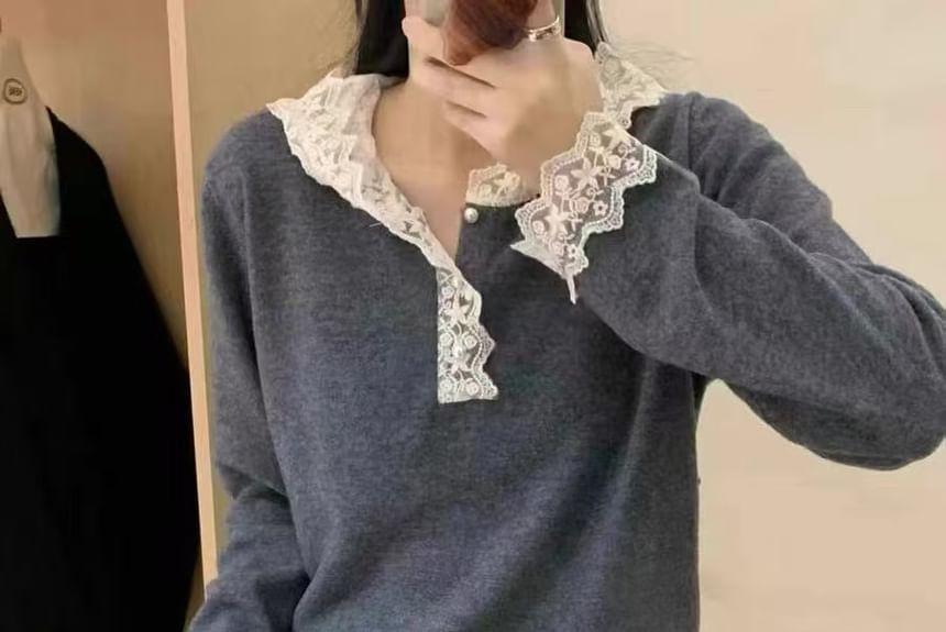 Long-Sleeve Henley Hooded Lace Trim Knit Top Product Image