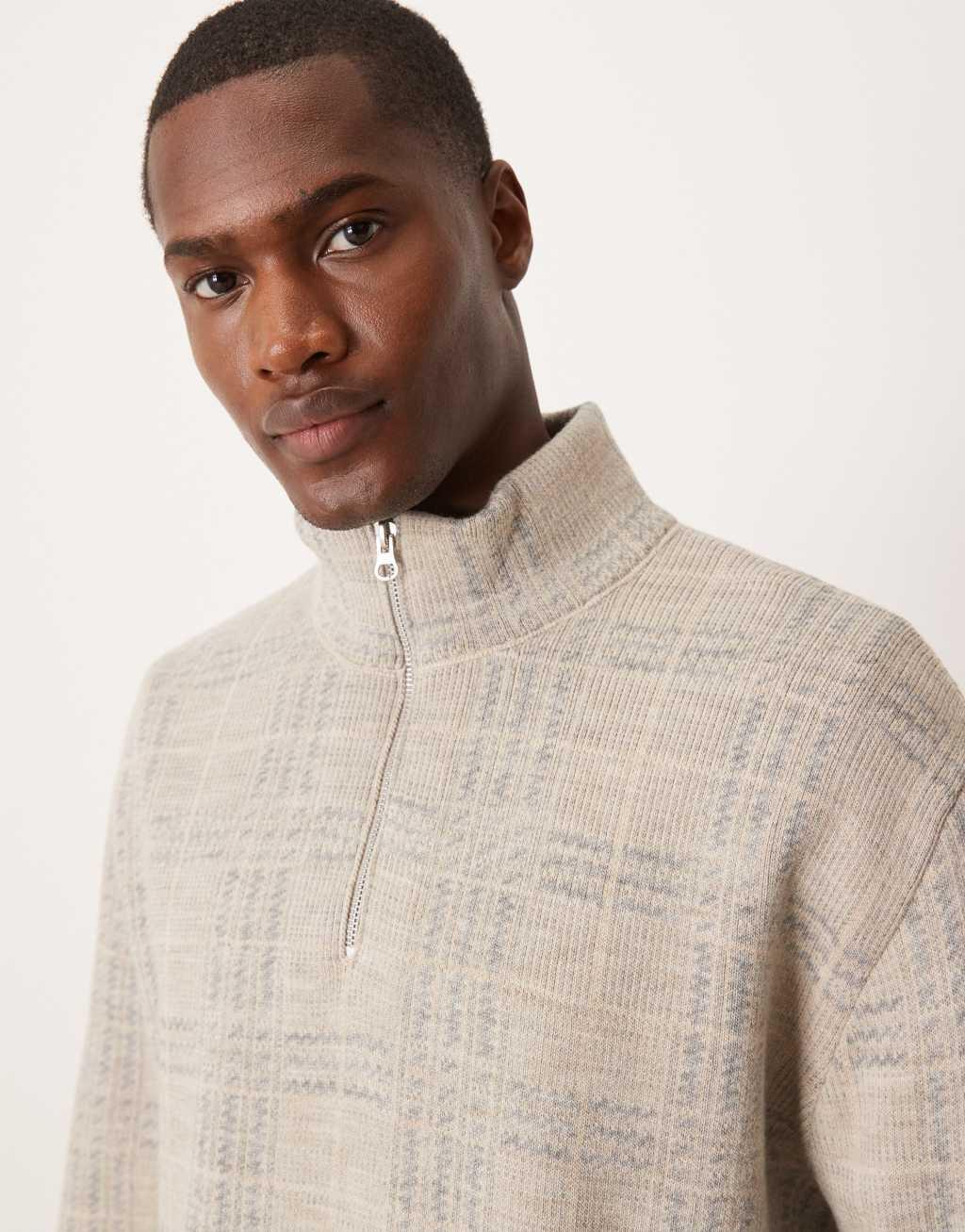 ASOS DESIGN oversized half zip check sweater in stone Product Image