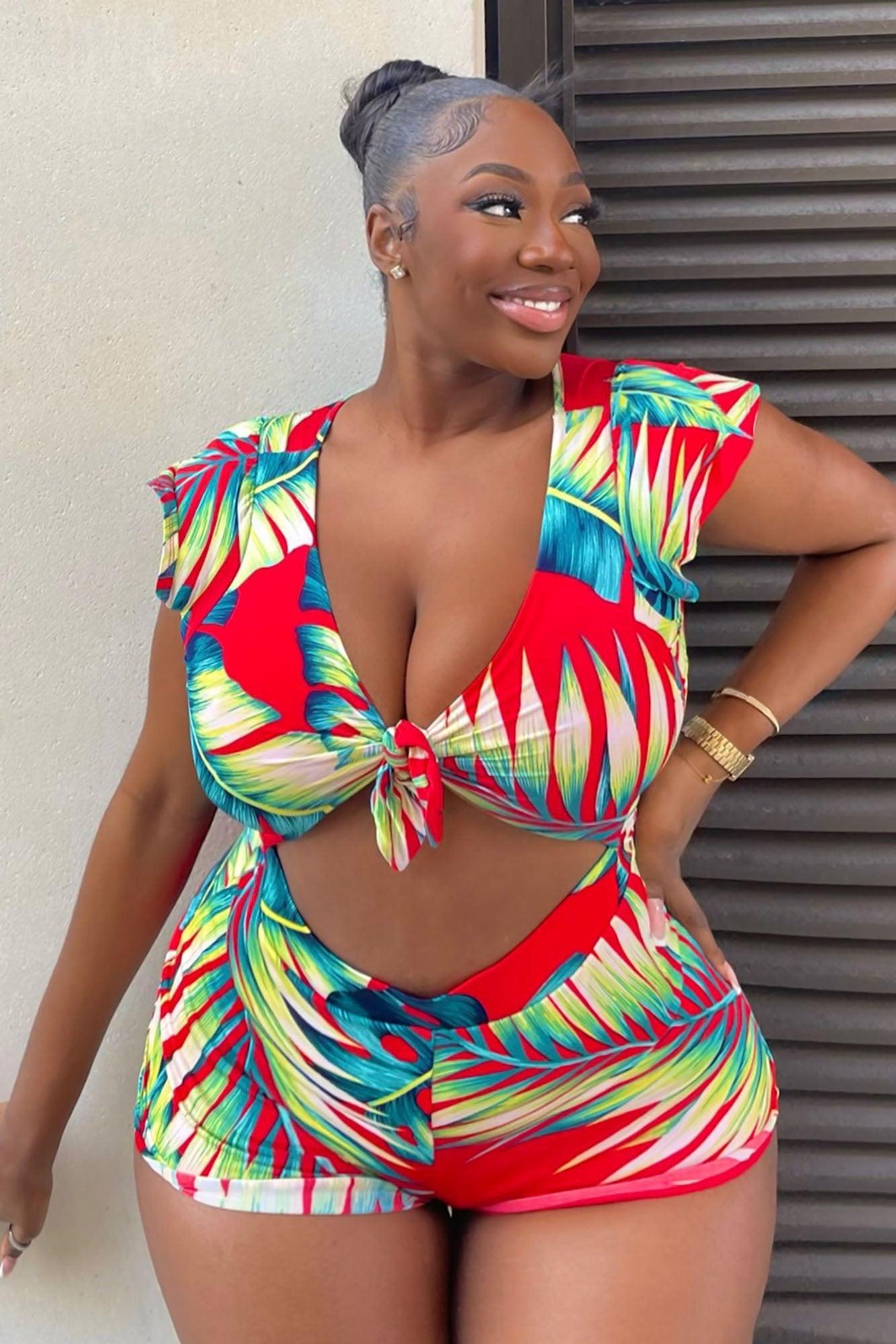Waist No Time Tropical Romper - Red/combo Product Image