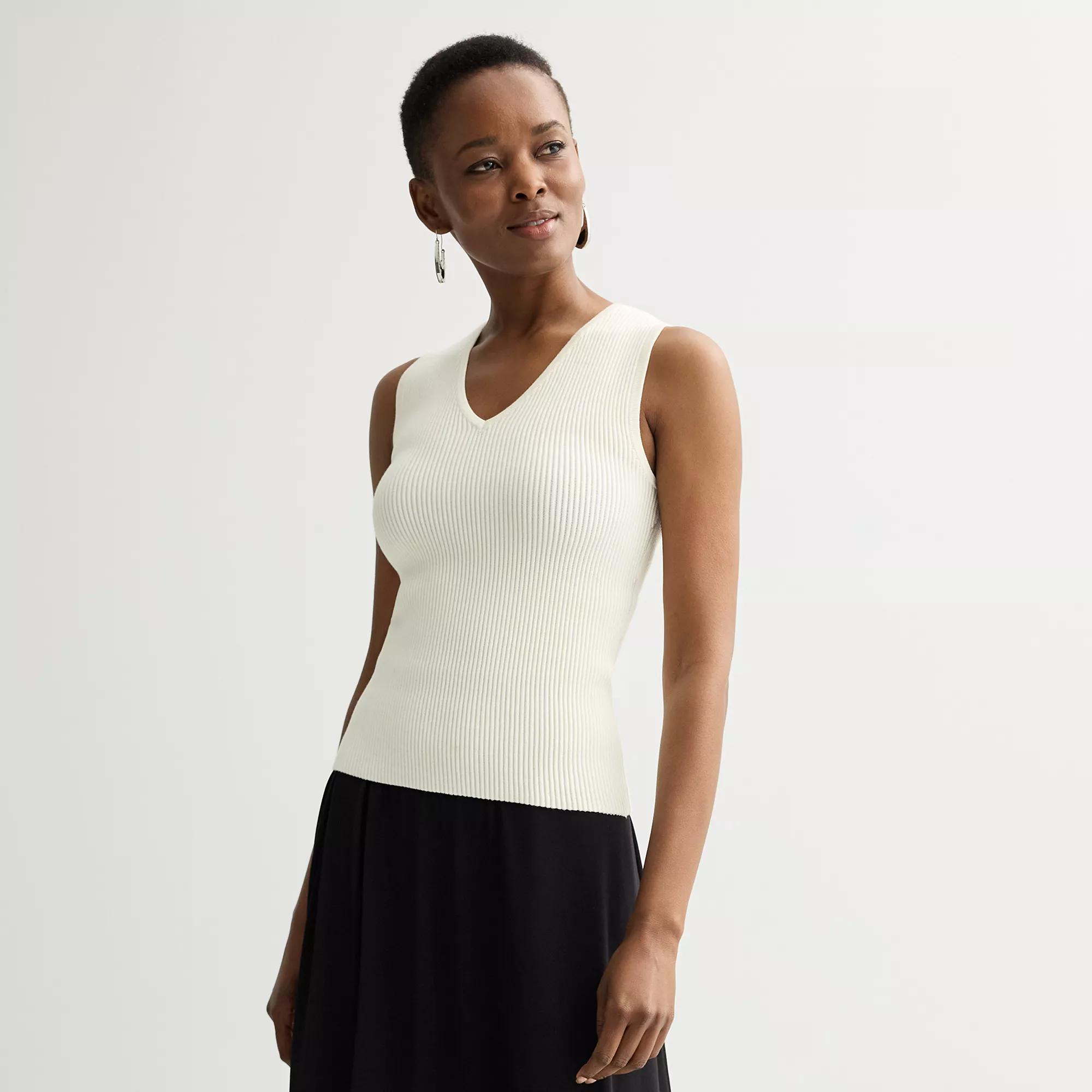 Petite Nine West Ribbed V-Neck Basic Tank Top, Women's, Size: Small Petite, Daisy Dew Product Image