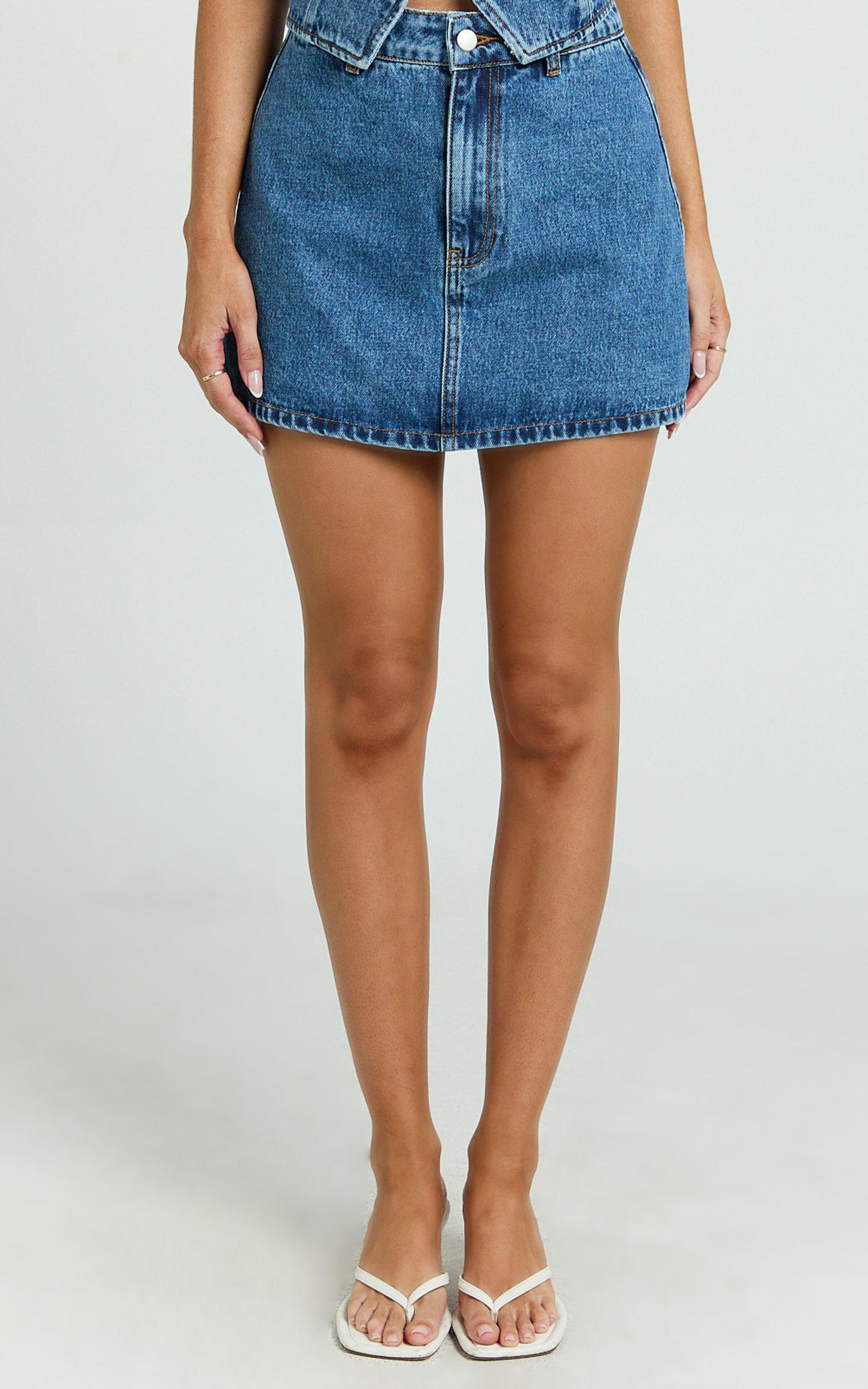 Walton Skort - Mid Waisted Recycled Denim Skort in Dark Blue Wash Product Image