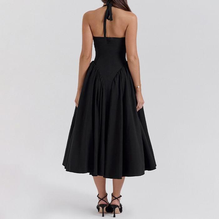 Halter Deep Plunge Plain Gathered Midi A-Line Dress Product Image