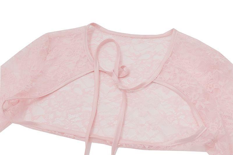 Set: Long-Sleeve Shrug + Spaghetti Strap Lace Mini A-Line Dress Product Image