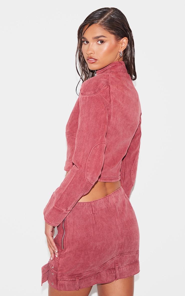 Washed Red Racer Neck Cropped Denim Jacket Product Image