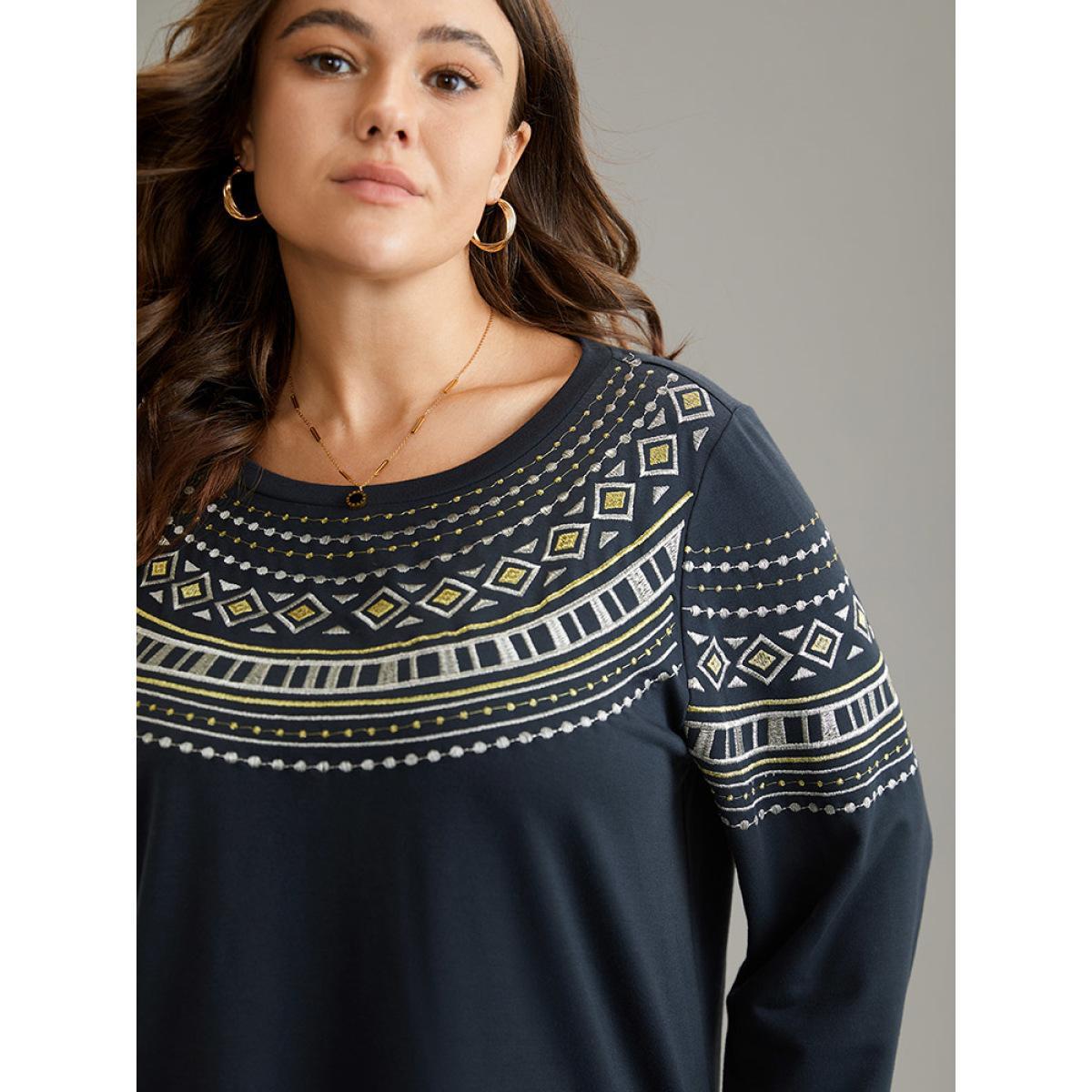 Plus Size Bandana Embroidered Crew Neck Elastic Cuffs Sweatshirt Women DimGray Casual Embroidered Round Neck Dailywear Sweatshirts BloomChic 30/6X Product Image