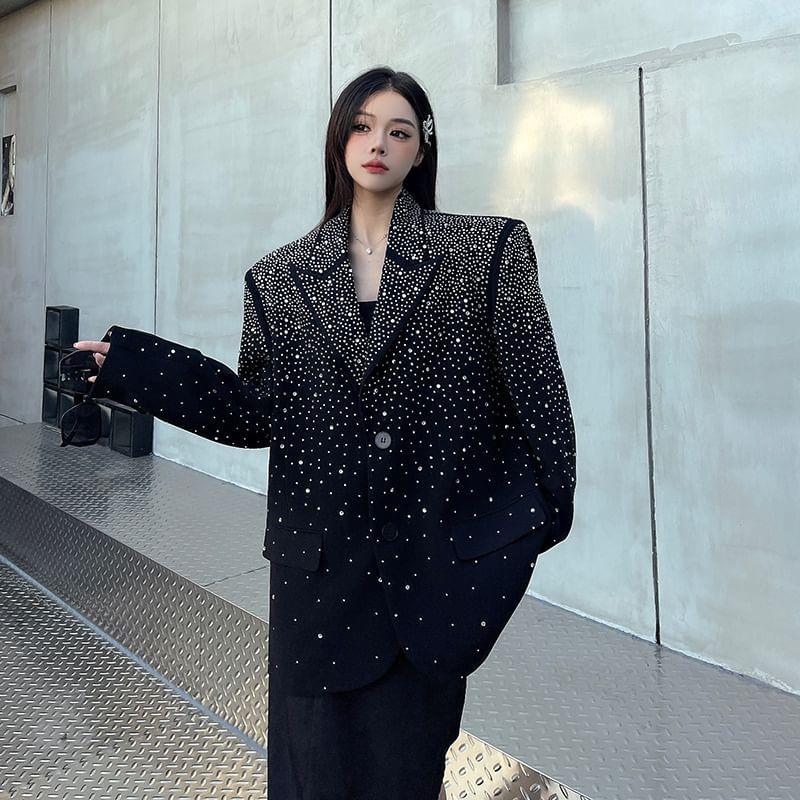Peak Lapel Plain Rhinestone Single Breasted Blazer Product Image