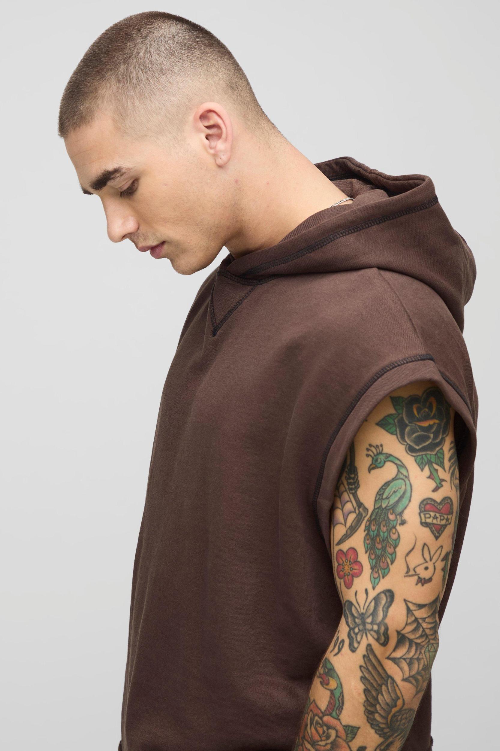 Oversized Boxy Sleeveless Raw Edge Loopback Hoodie | boohooMAN USA Product Image