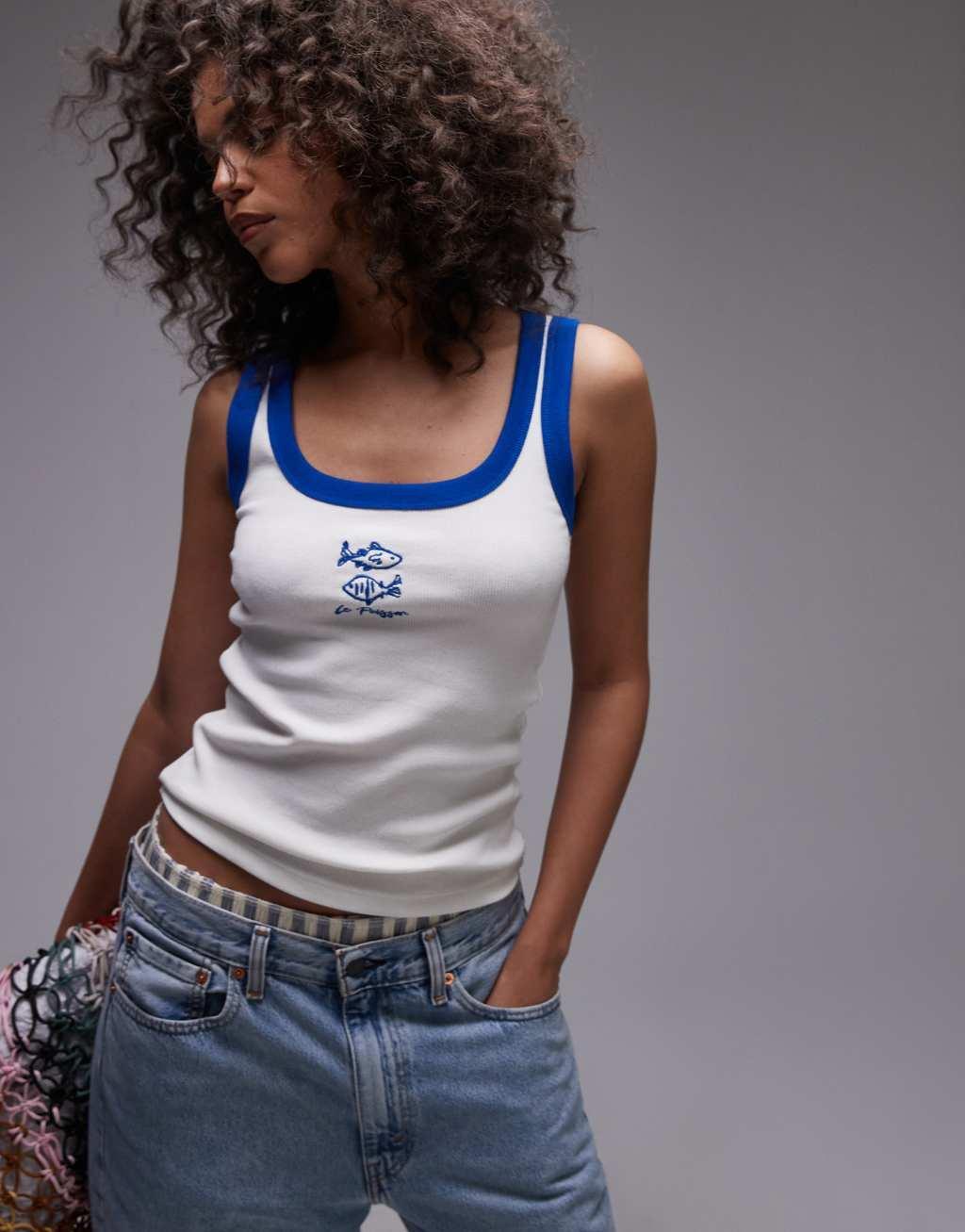 Topshop embroidered Poisson ribbed tank top with blue contrast in white Product Image