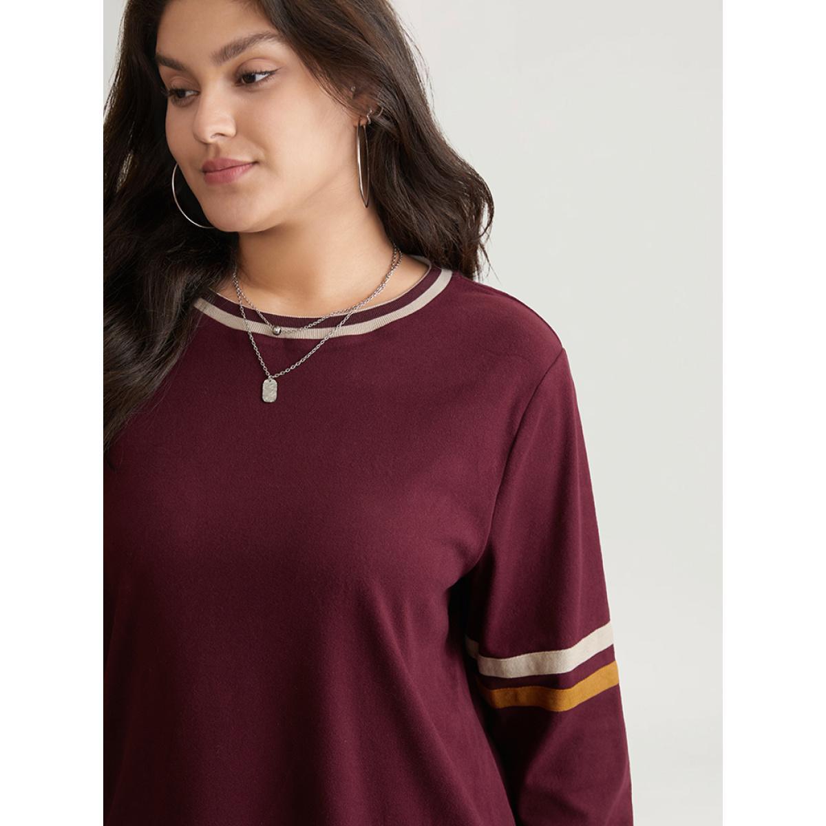 Plus Size Striped Contrast Round Neck Rib Knit Sweatshirt Women Burgundy Casual Contrast Round Neck Everyday Sweatshirts BloomChic 10/M Product Image