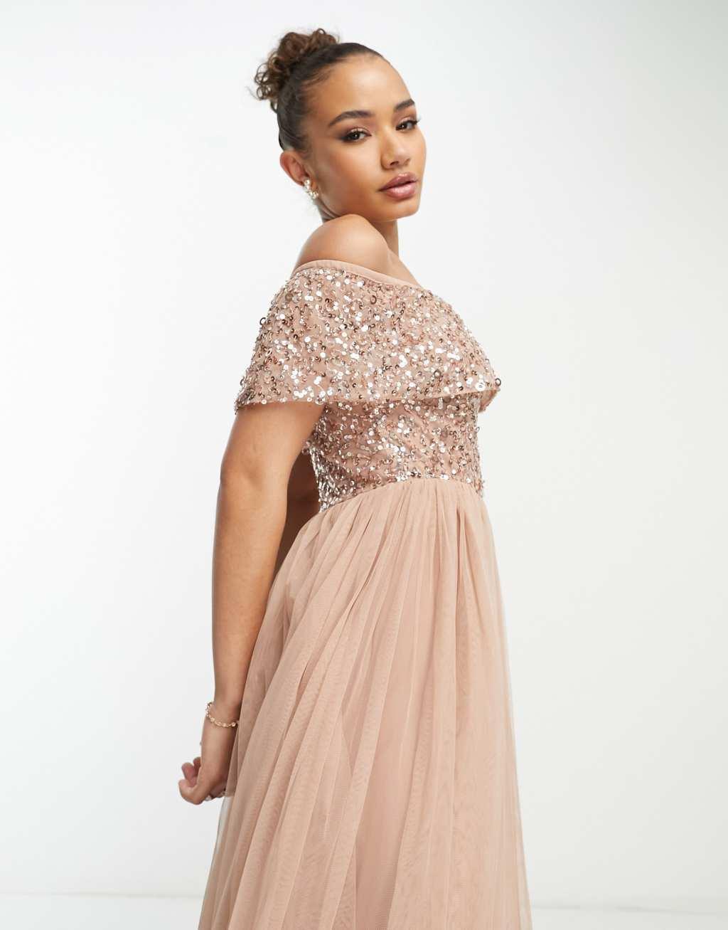 Beauut Bridesmaid bardot embellished midi dress Product Image