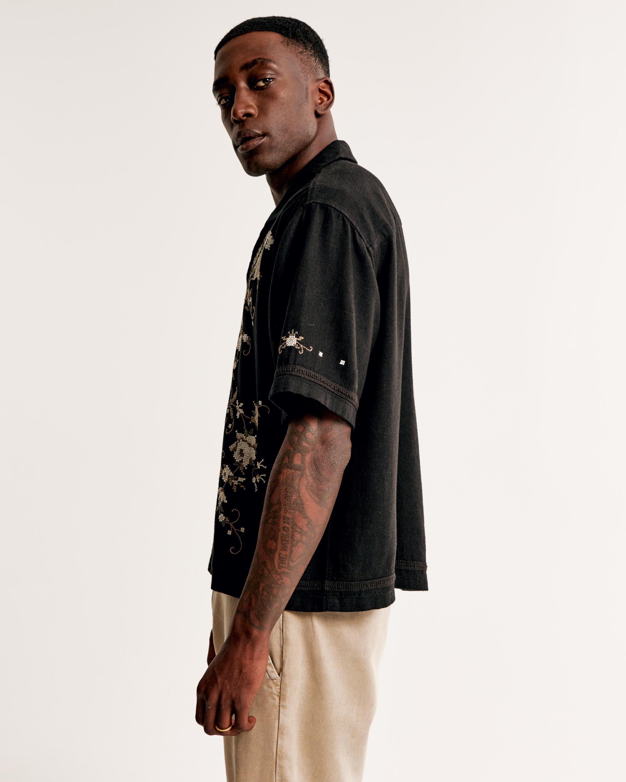 Camp Collar Cropped Summer Linen-Blend Embroidered Shirt Product Image