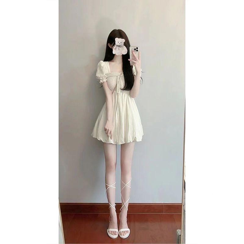 Puff Sleeve Square-Neck Plain Tie-Front Mini A-Line Dress Product Image