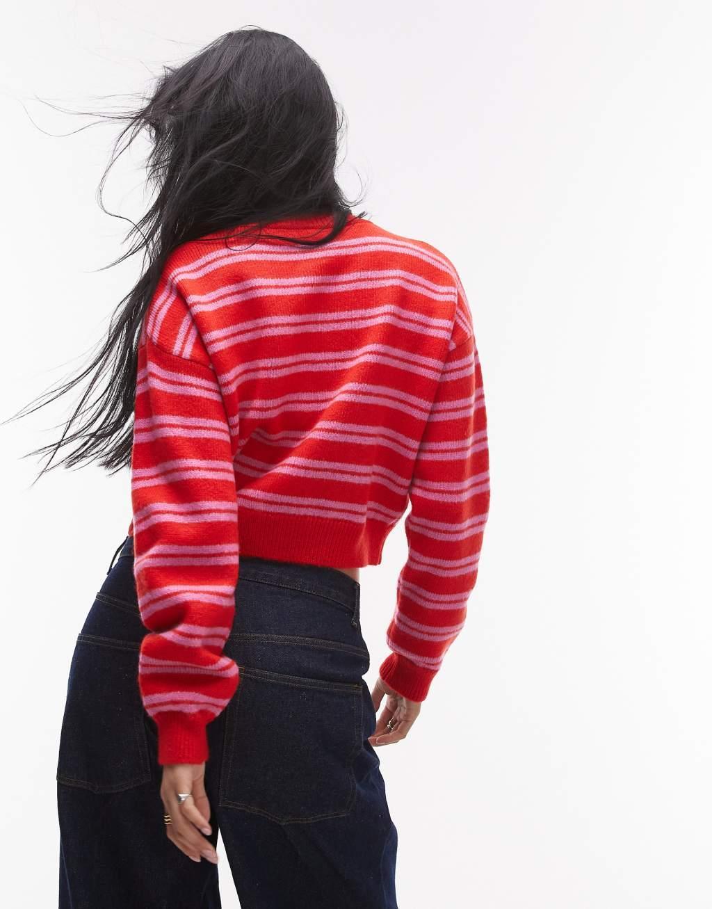 Topshop knitted ultimate micro cardi in red and pink stripe Product Image