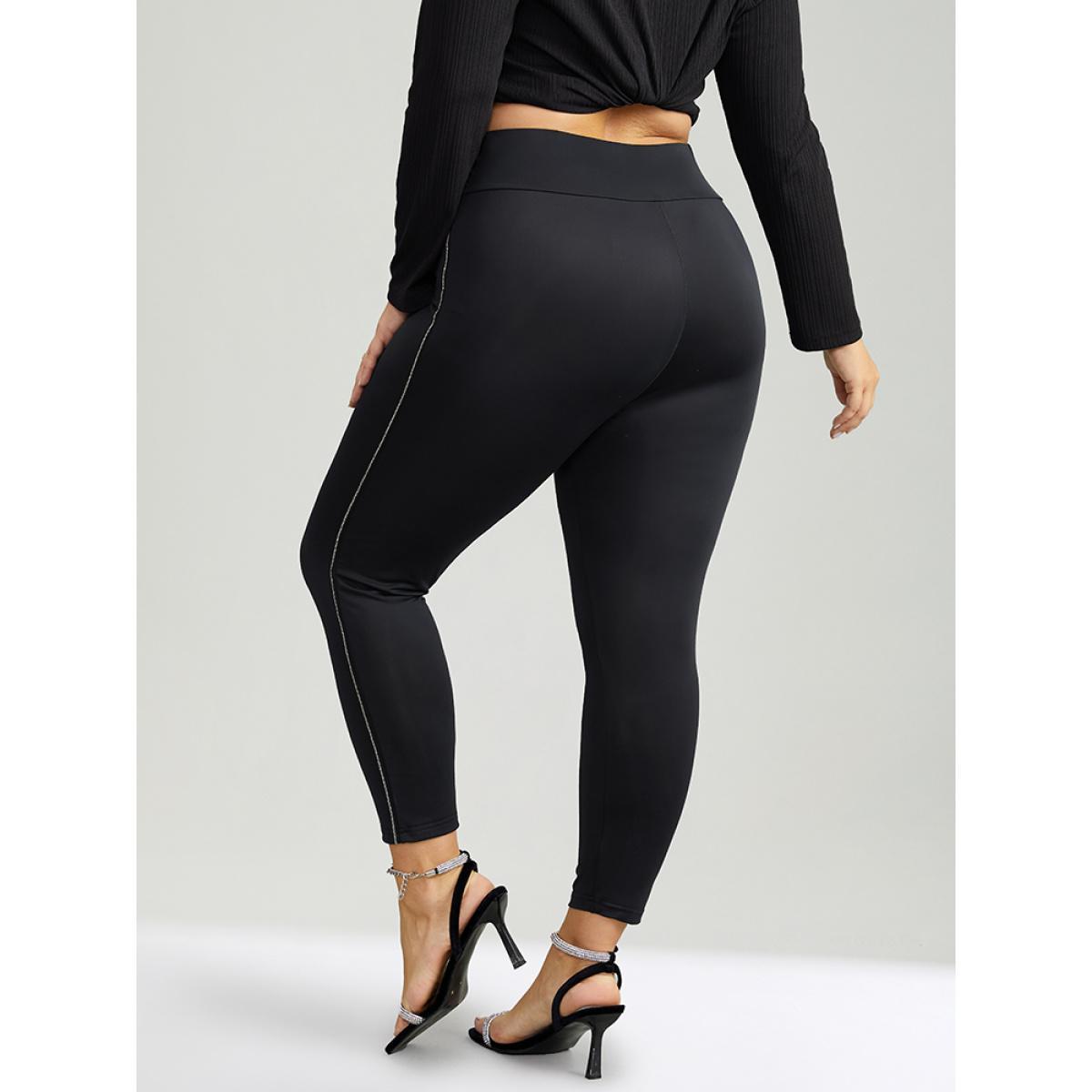 Plus Size Metal Chain Trim Mid Rise Leggings Women Black Casual Medium stretch Skinny Mid Rise Festival-Christmas Leggings BloomChic 12/L Product Image
