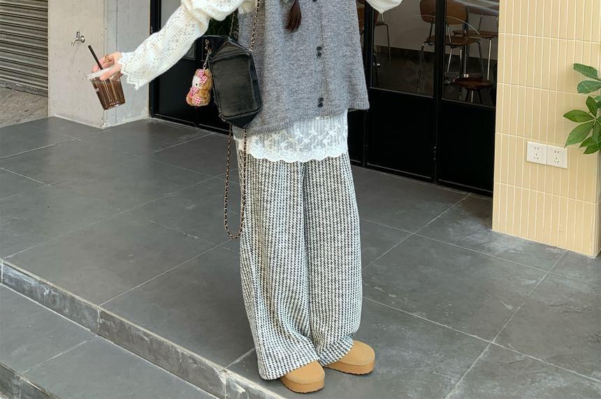 Long-Sleeve Mock-Neck Lace Top / Knit Vest / Striped Loose-Fit Pants Product Image