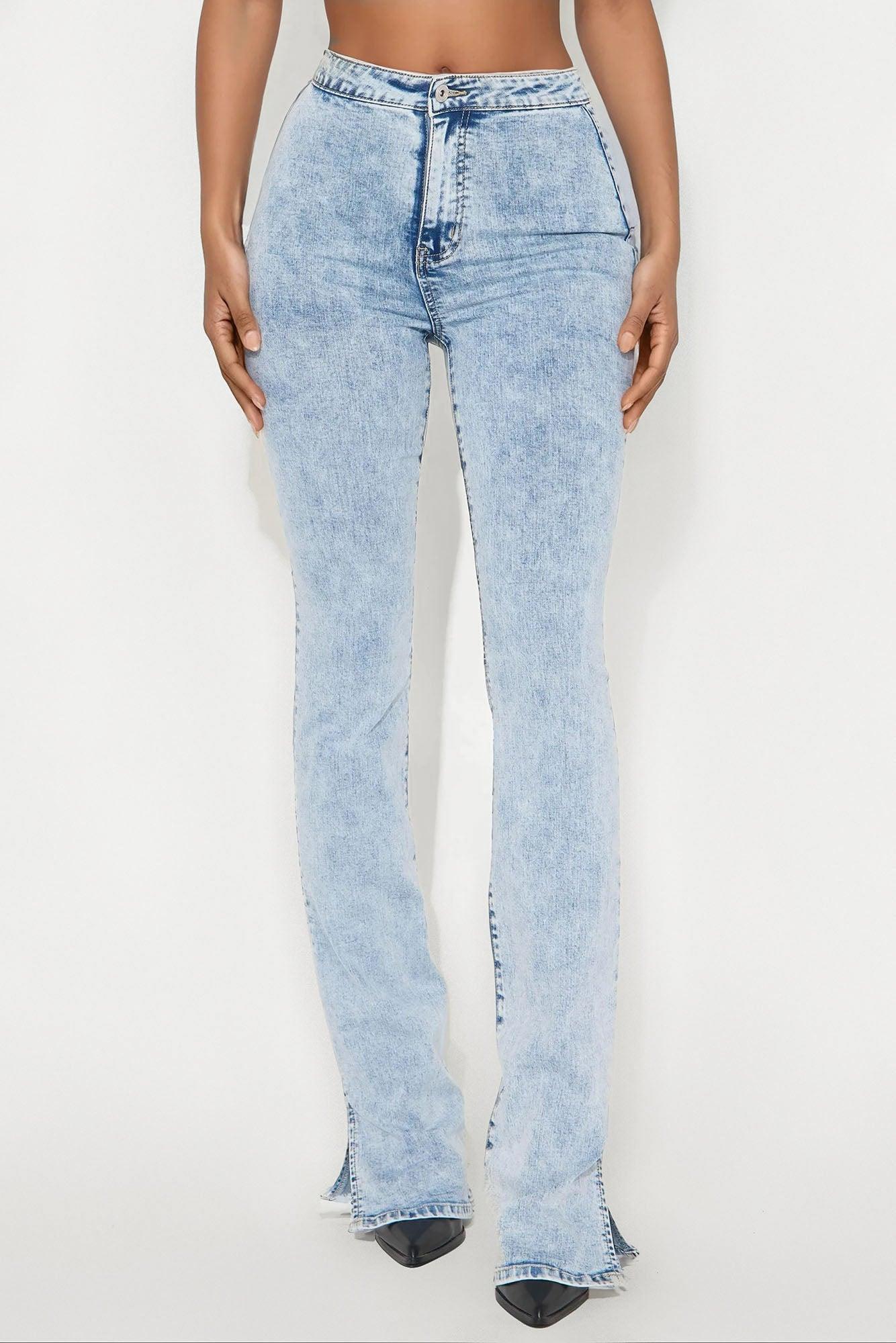 Tall Side Slit Stretch Slim Bootcut Jeans - Acid Wash Denim Product Image