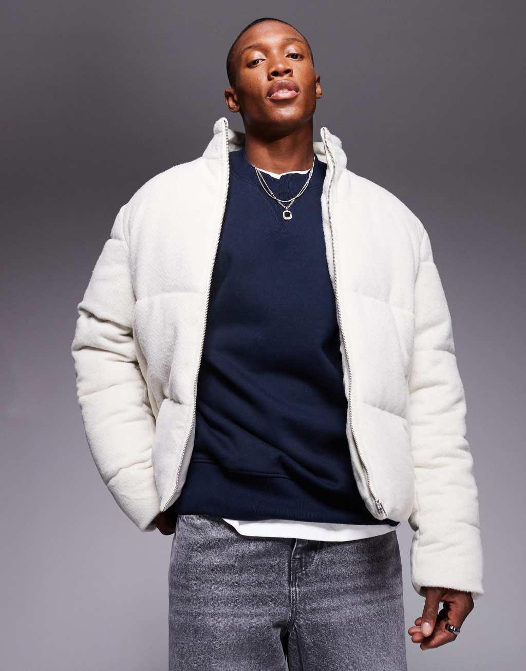 ASOS DESIGN textured wool look puffer jacket in ecru Product Image