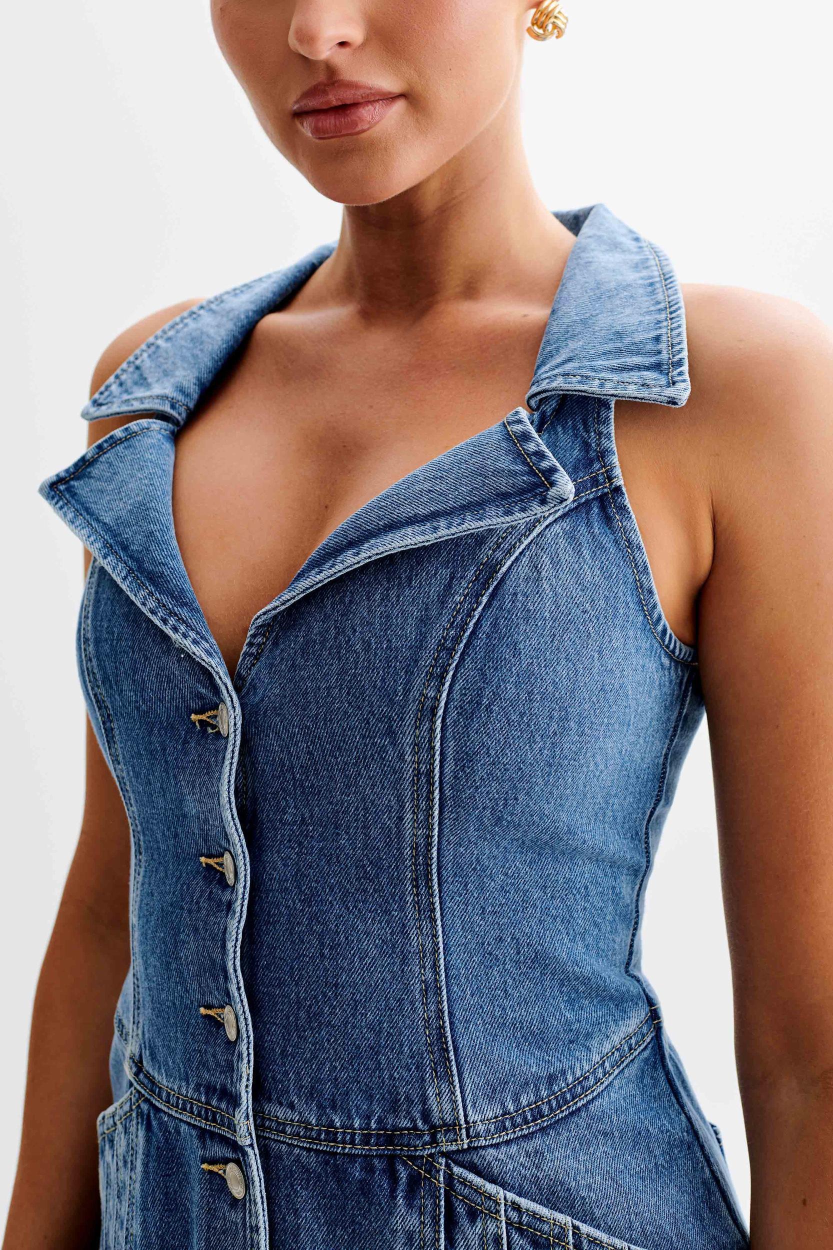 Porter Collared Denim Mini Dress - 70'S Blue Product Image