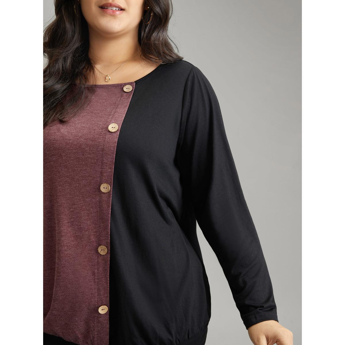 Plus Size Two Tone Round Neck Button Detail T-shirt Black Women Casual Contrast Plain Round Neck Dailywear T-shirts BloomChic 28/5X Product Image