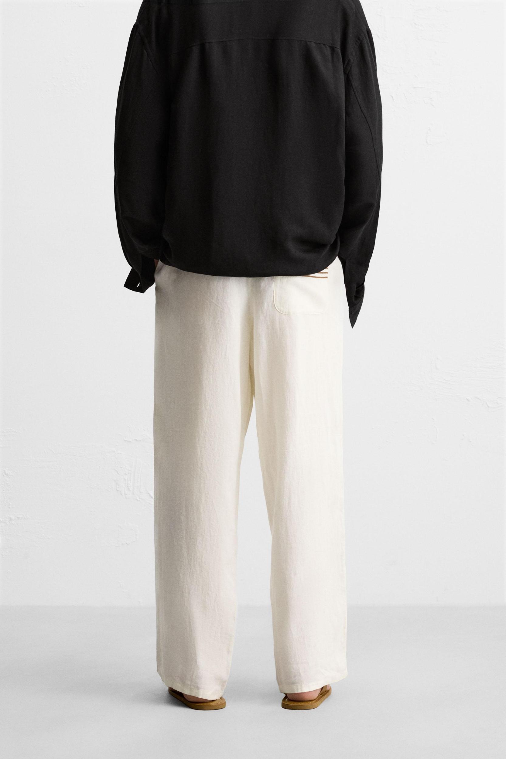 100% LINEN EMBROIDERED PANTS Product Image