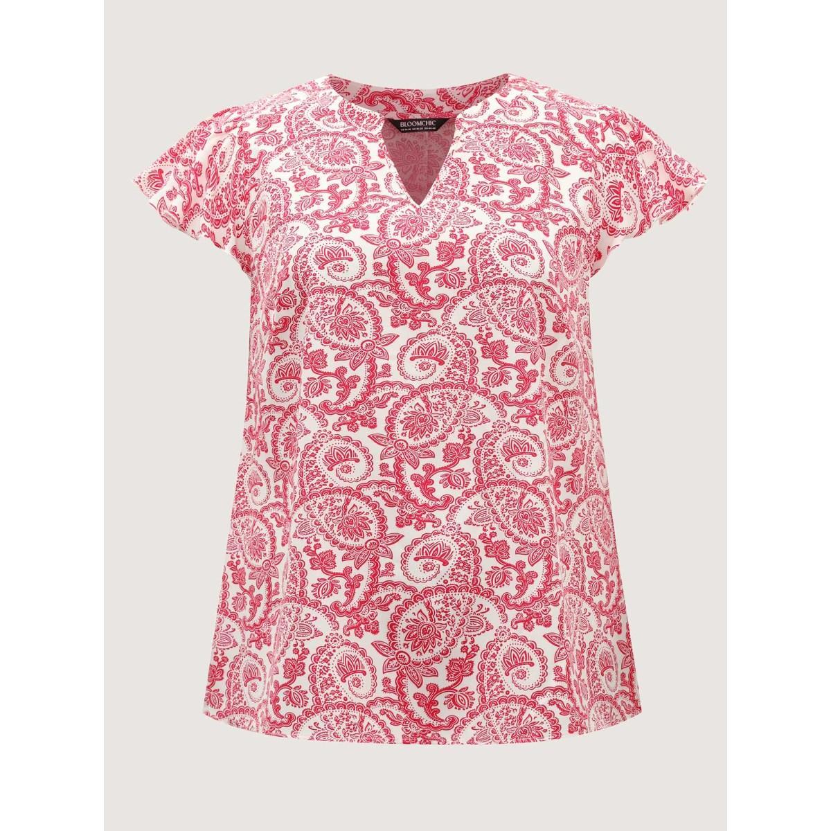Plus Size Raspberry Paisley Print Notched Collar Blouse Women Cap Sleeve Flat collar with V-notch Vacation Blouses BloomChic 14-16/1X Product Image
