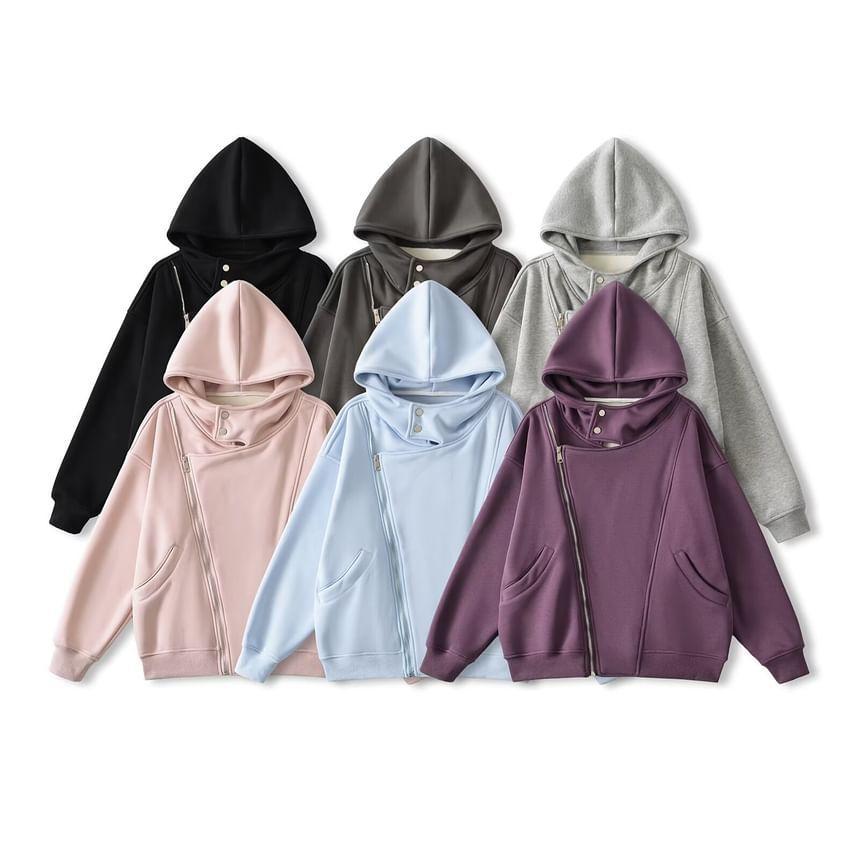 Long-Sleeve Asymmetrical Plain Zip Detail Hoodie Product Image