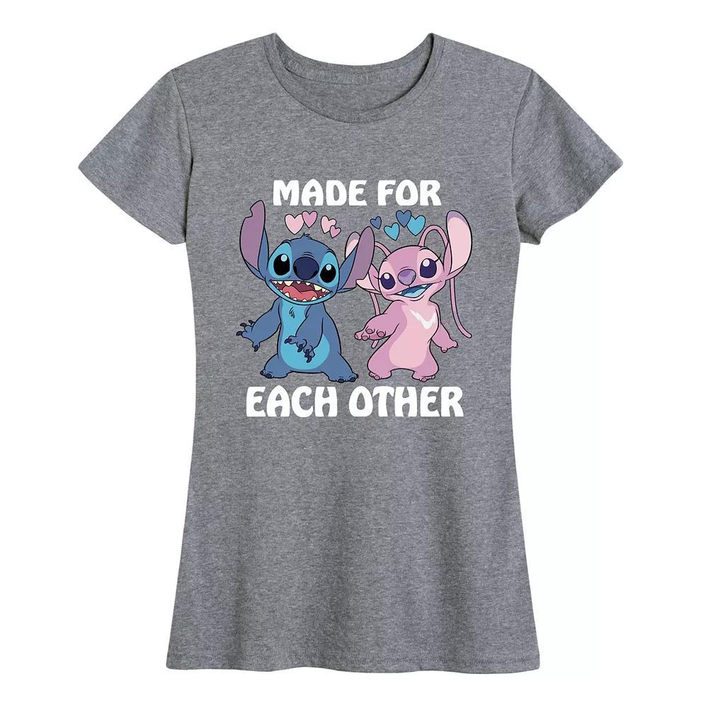 Disneys Lilo & Stitch Womens Made For Each Other Graphic Tee Grey Gray Product Image