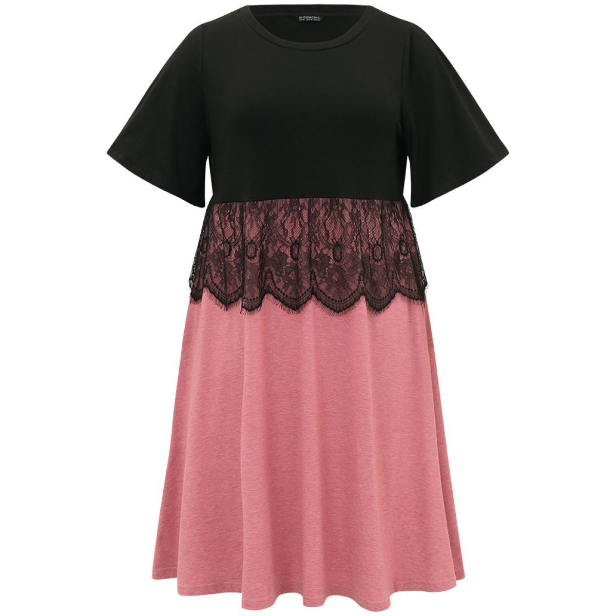 Plus Size Supersoft Essentials Colorblock Contrast Guipure Lace Flutter Sleeve Dress Rouge Women Casual Contrast Round Neck Short sleeve Curvy Midi Dress BloomChic 28/5X Product Image
