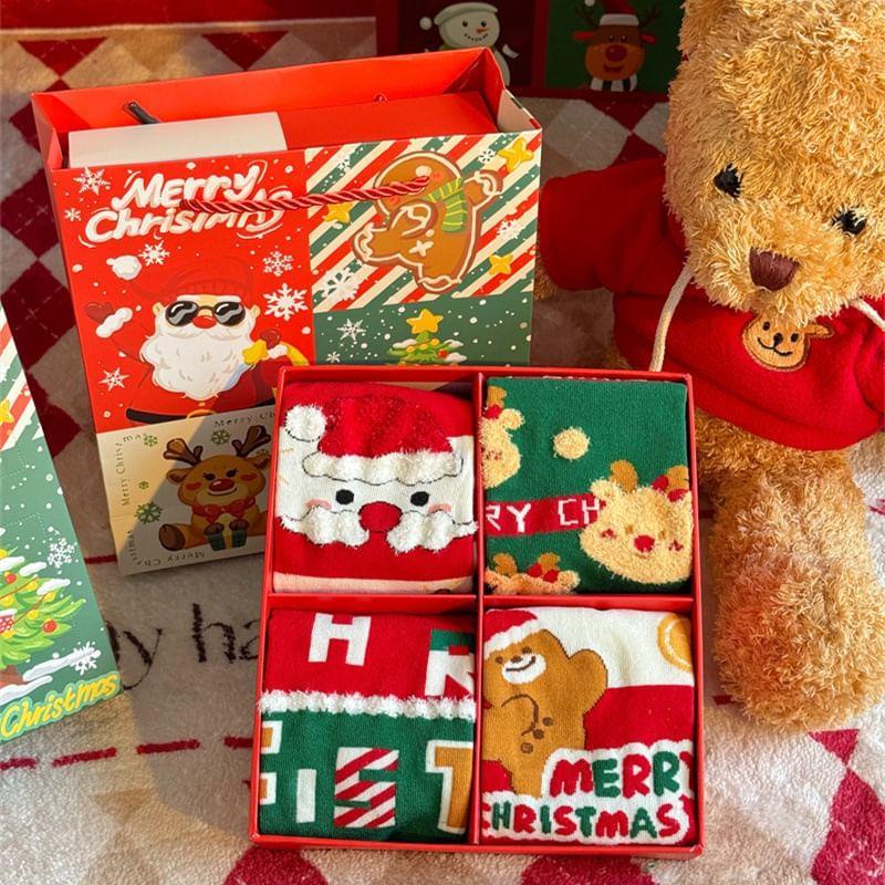 Set of 4 Pairs: Christmas Cartoon Print Socks Product Image