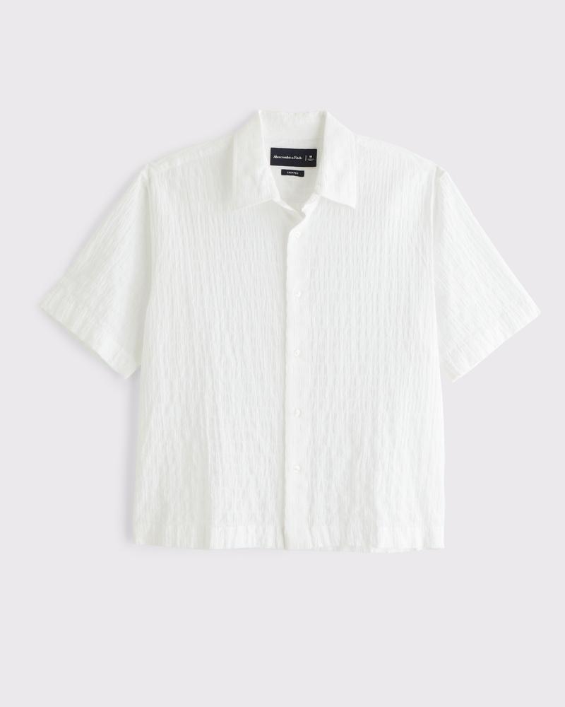 Short-Sleeve Cropped Textured Button-Up Shirt Product Image