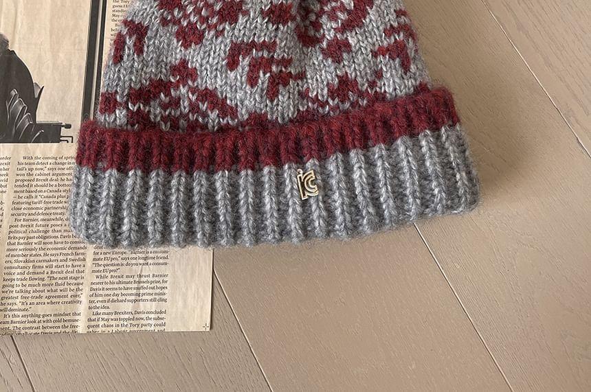 Patterned Pom Pom Knit Beanie Product Image