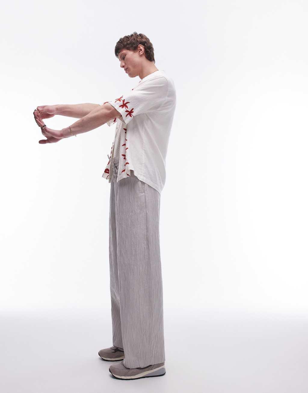 Topman premium wide leg textured pants in stone Product Image