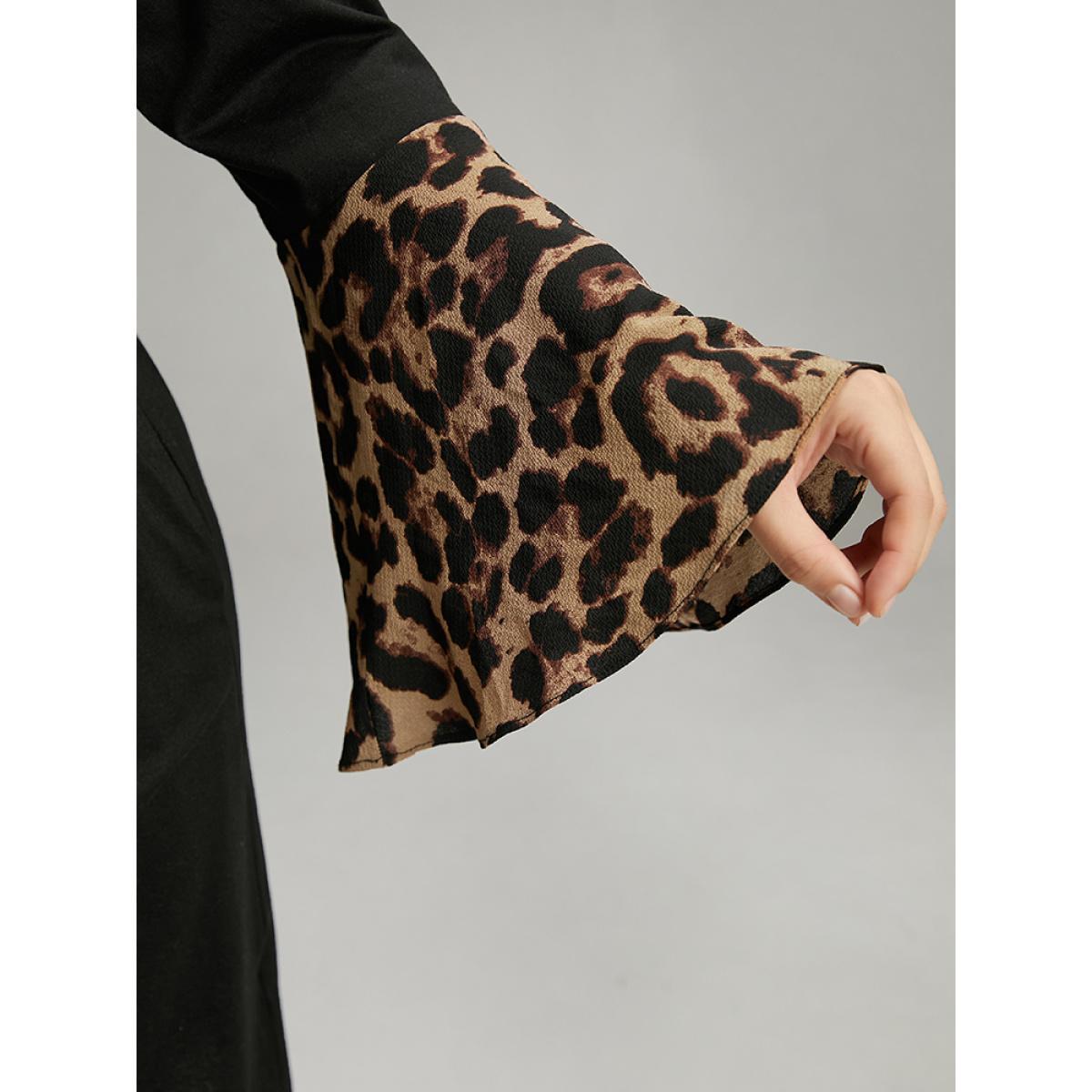 Plus Size Supersoft Essentials Leopard Bell Sleeve Belted Dress Black Women Casual Belted Round Neck Long Sleeve Curvy Knee Dress BloomChic 30/6X Product Image