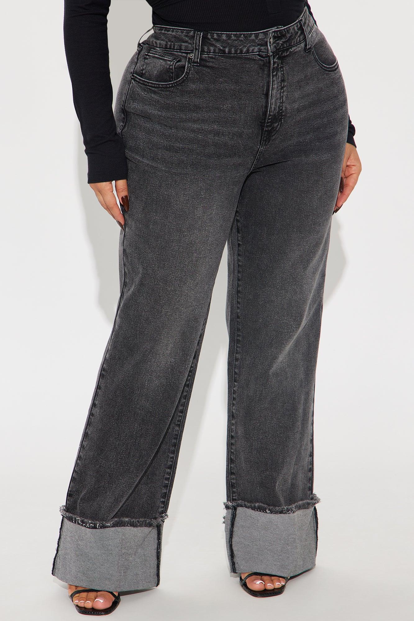 All The While Cuffed Wide Leg Jeans - Black Wash Product Image