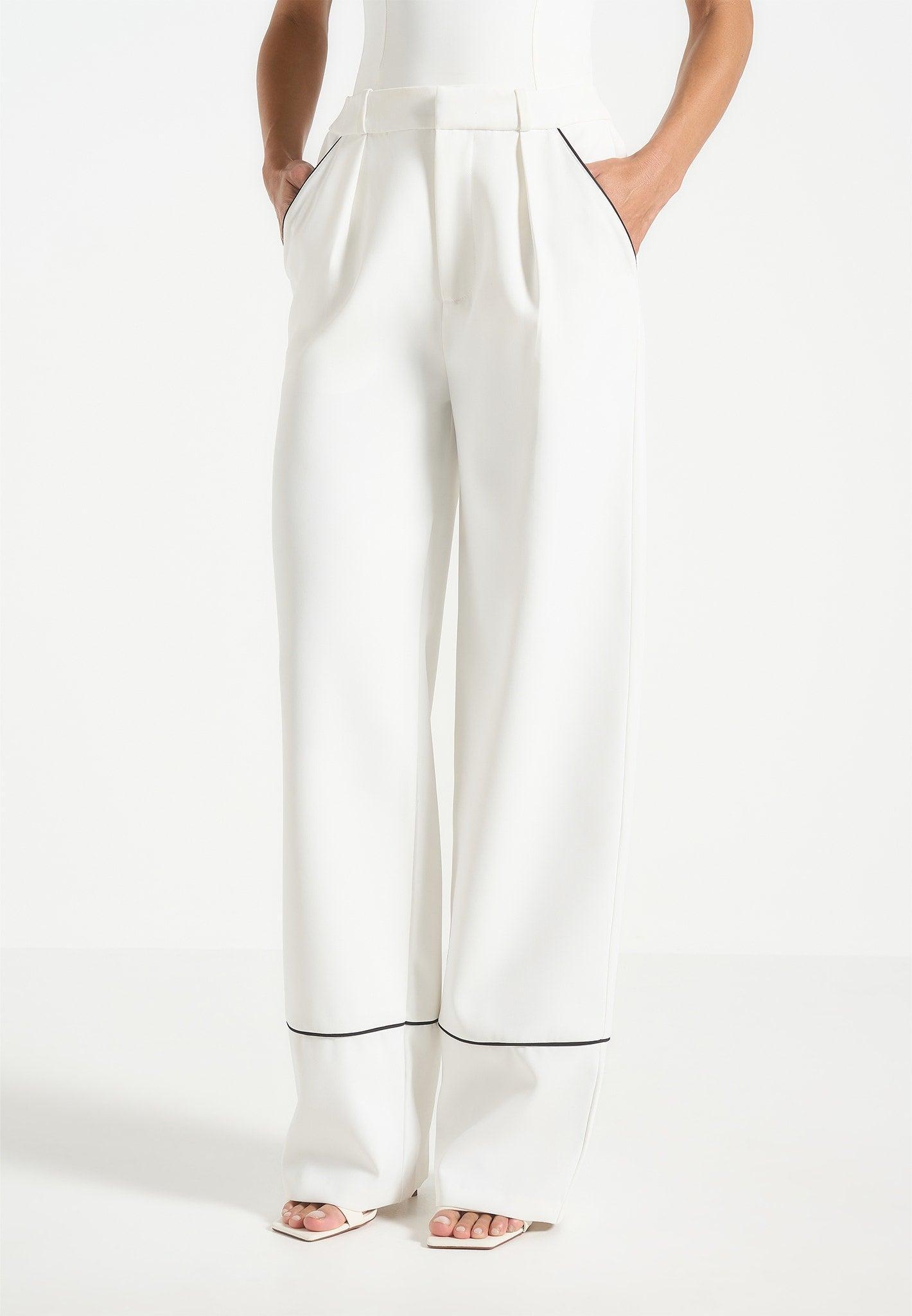 Mina - Contrast Piped Pleated Trousers - White/Black Female Product Image