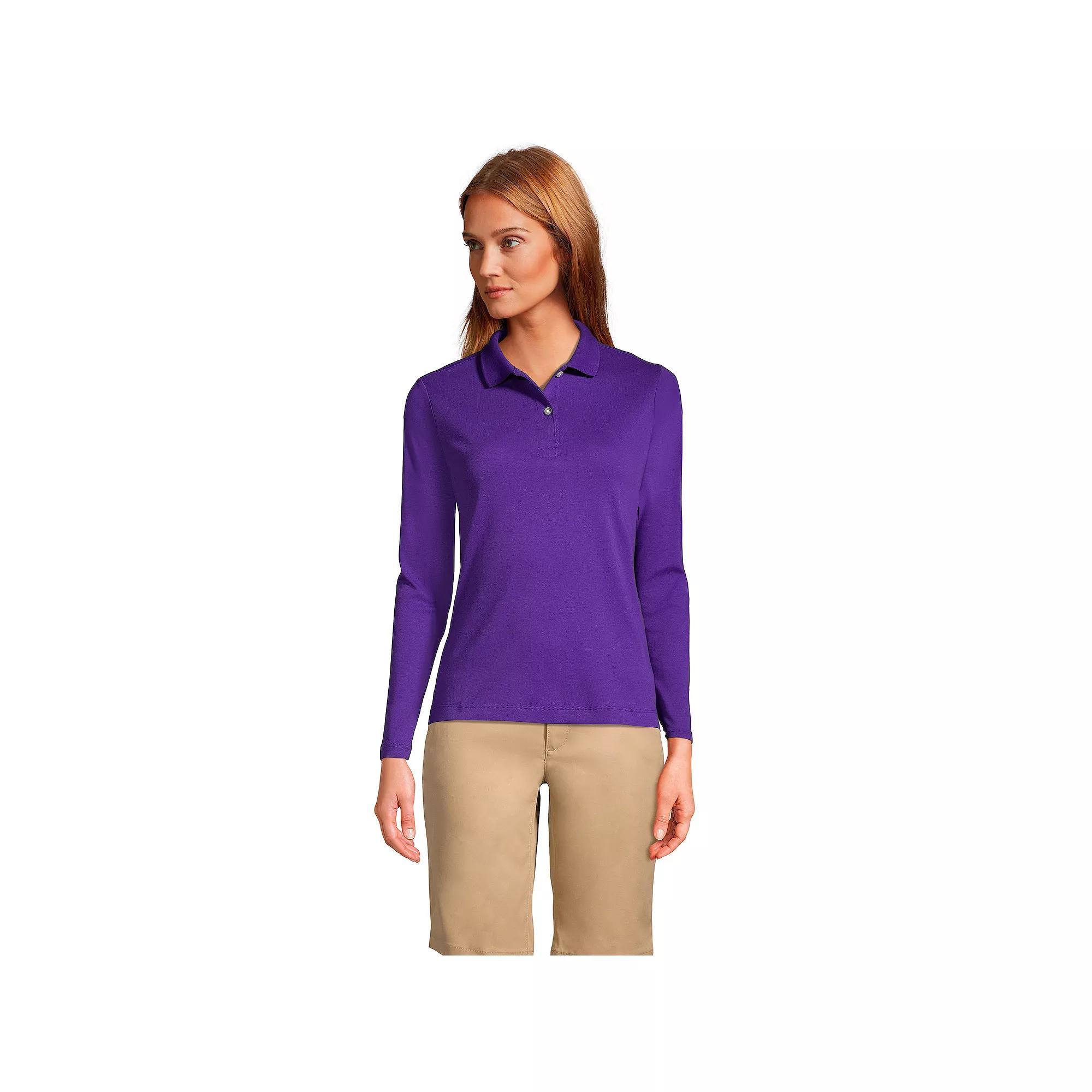 Women's Lands' End School Uniform Long Sleeve 2-Button Interlock Polo Shirt, Size: XS, White Product Image