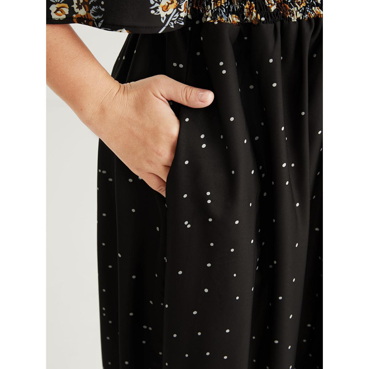 Plus Size Floral Pocket Split Hem Flutter Shirred Maxi Dress Black Women Casual Printed V-neck Half Sleeve Curvy Midi Dress BloomChic 30/6X Product Image
