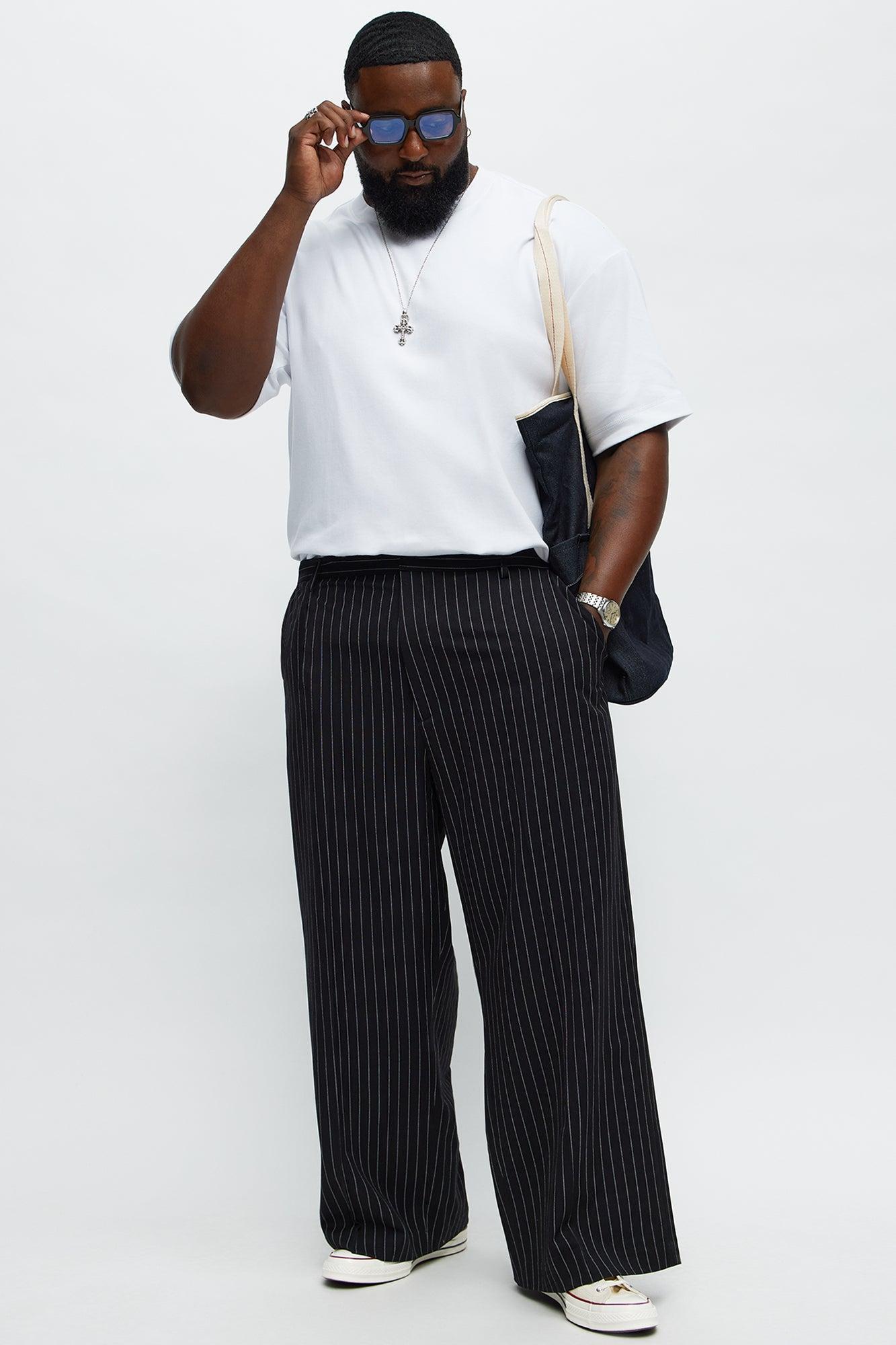 Wide Leg Straight Striped Trousers - Black Product Image