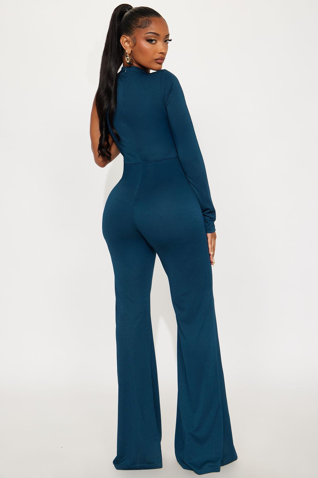 Coco One Shoulder Flare Jumpsuit - Teal Product Image