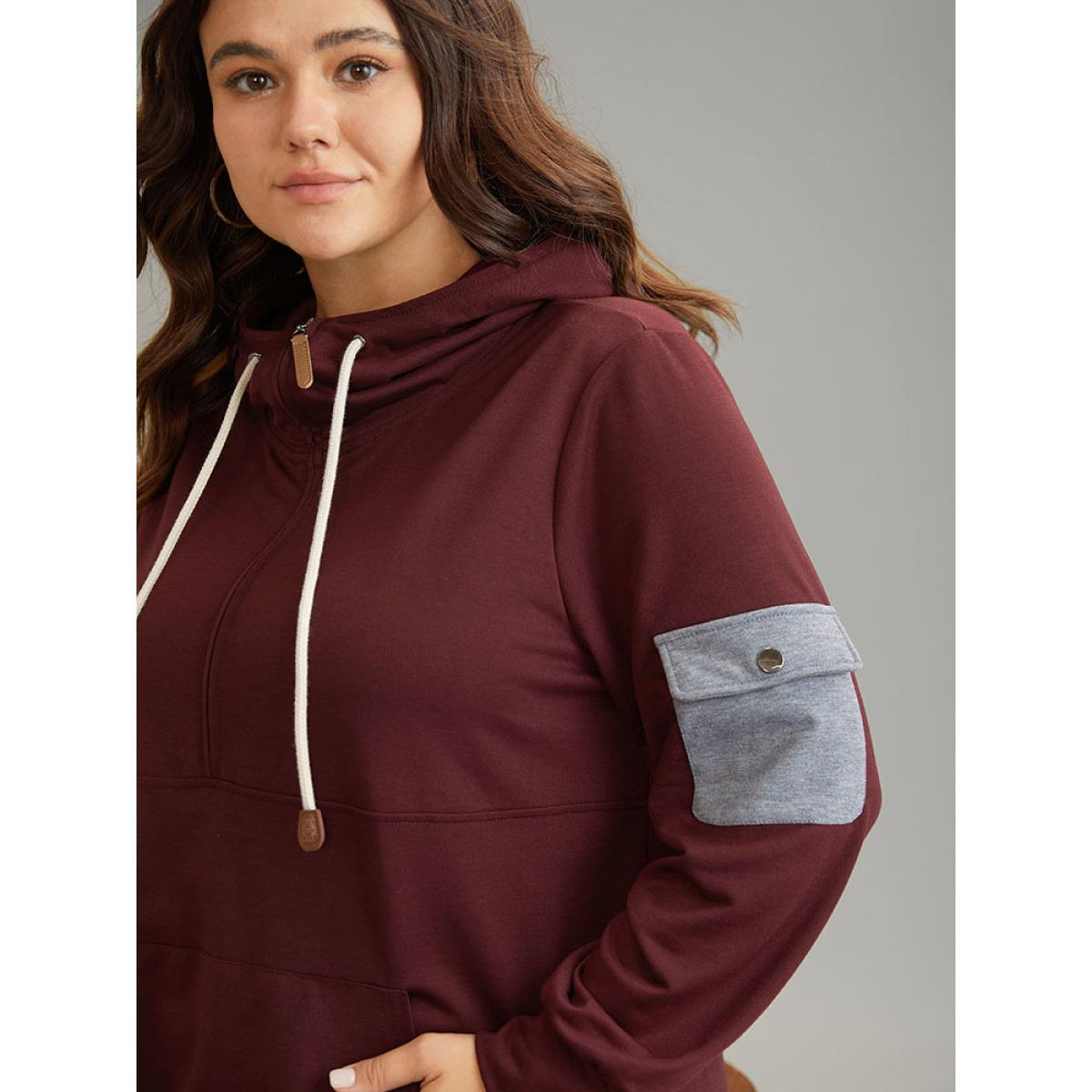 Plus Size Contrast Half Zip Patched Pocket Hooded Sweatshirt Women Burgundy Casual Contrast Hooded Dailywear Sweatshirts BloomChic 22-24/3X Product Image