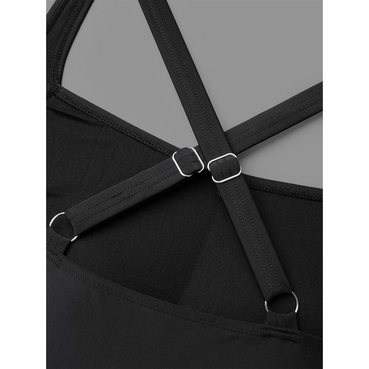 Plus Size Plain Back Crisscross Swim Top Women's Swimwear Black Beach Gathered High stretch Skinny U-neck Curve Swim Tops BloomChic 28/5X Product Image
