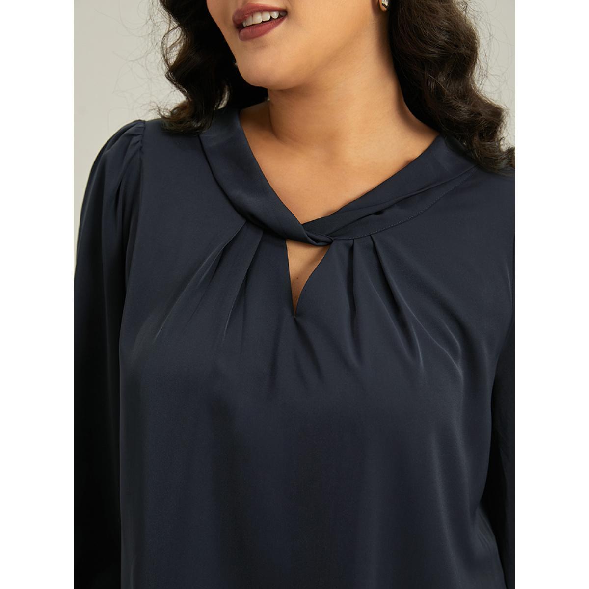 Plus Size Midnight Plain Twist Neck Keyhole Lantern Sleeve Blouse Women Office Long Sleeve Round Neck Work Blouses BloomChic 18-20/2X Product Image