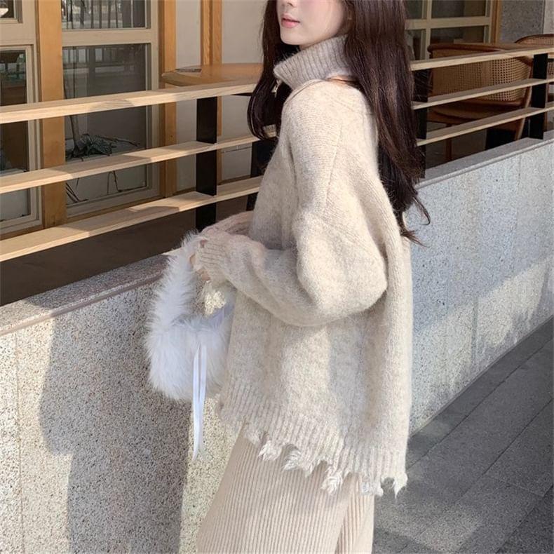 Set: V-Neck Plain Distressed Button-Up Cardigan + Choker Product Image