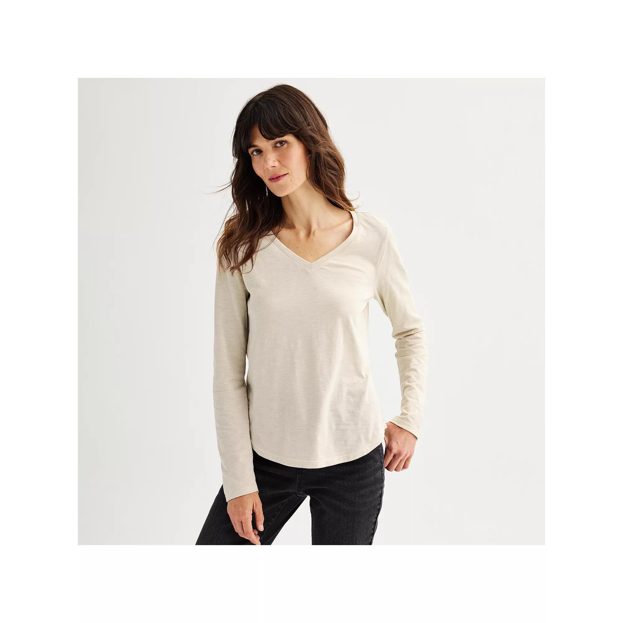 Women's Sonoma Goods For Life® Everyday Long Sleeve V-Neck Tee, Size: XXL, Light Oat Grey Product Image