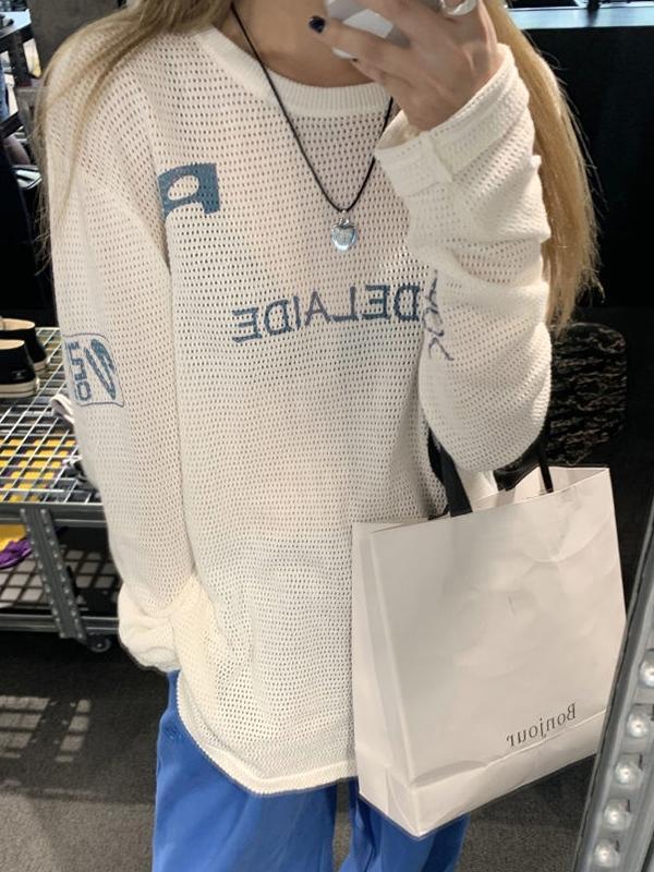 Letter Print Cutout Baggy Long Sleeve Knit Product Image